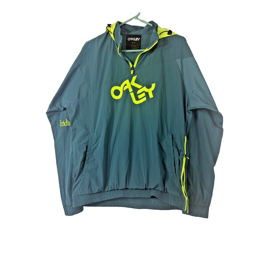 Oakley Windbreaker Jacket Mens S Teal Neon Hooded Pullover Anorak Lightweight